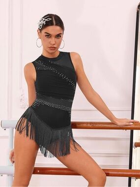 Rhinestone Fringe Leopard Bodysuit Sparkly Tassel Rave Romper Dance Small NWT